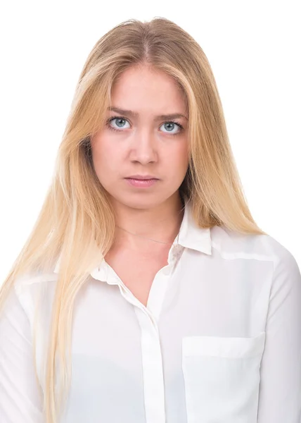 Primo piano ritratto di donna triste e depressa isolata su bianco — Foto Stock