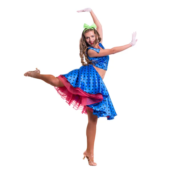 Танцівниця дискотека стрибає проти ізольованого білого — стокове фото