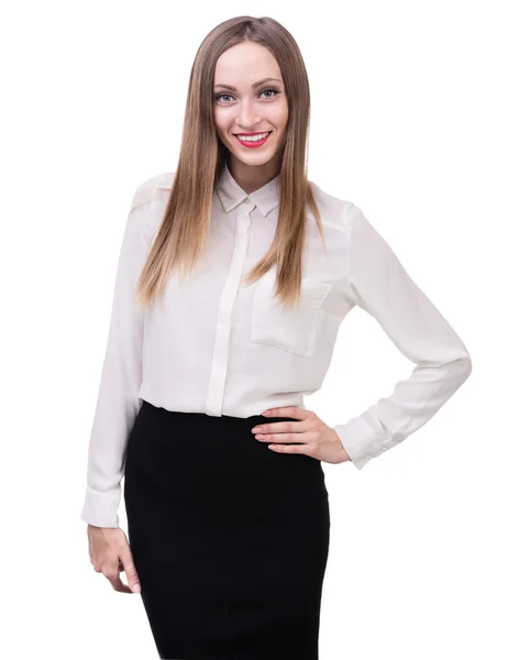 Portrait of happy young business woman isolated on white — Stock Photo, Image