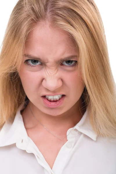 Portre portre üzerinde beyaz izole üzgün ve kızgın kadın