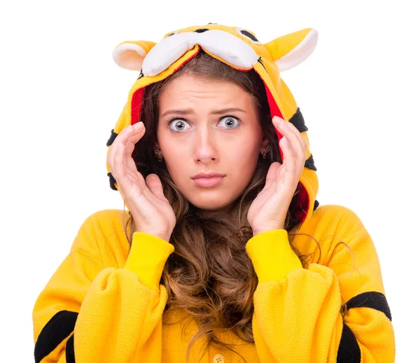 Scared young woman dressed as a tiger — Stock Photo, Image