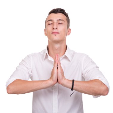 iş adamı namaste içinde poz karşı izole beyaz