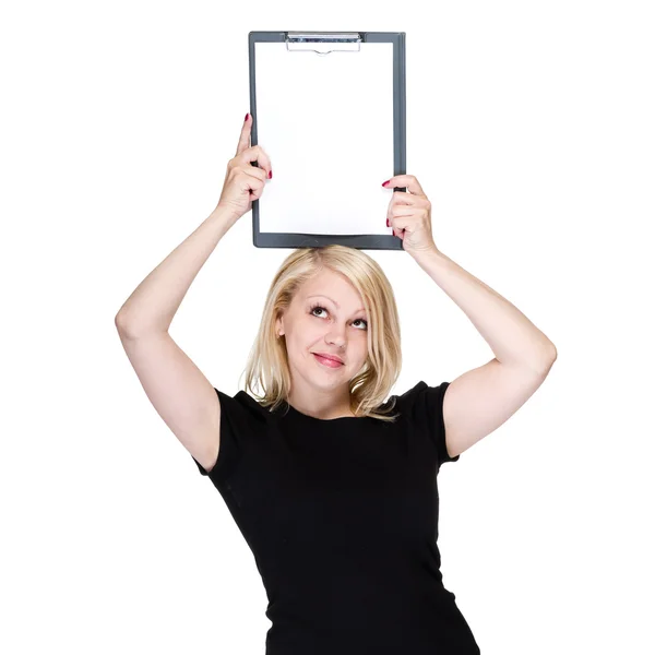 Feliz joven mujer de negocios mostrando letrero en blanco — Foto de Stock