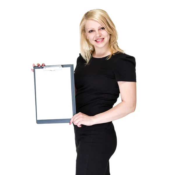 Feliz joven mujer de negocios mostrando letrero en blanco —  Fotos de Stock