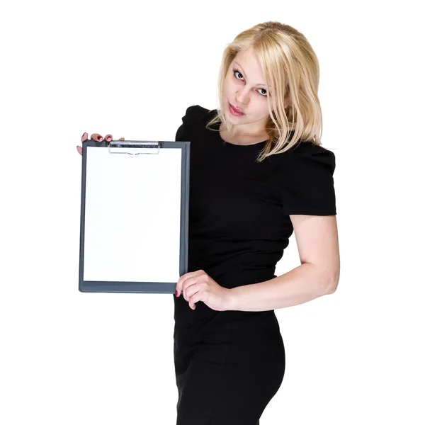 Feliz joven mujer de negocios mostrando letrero en blanco — Foto de Stock