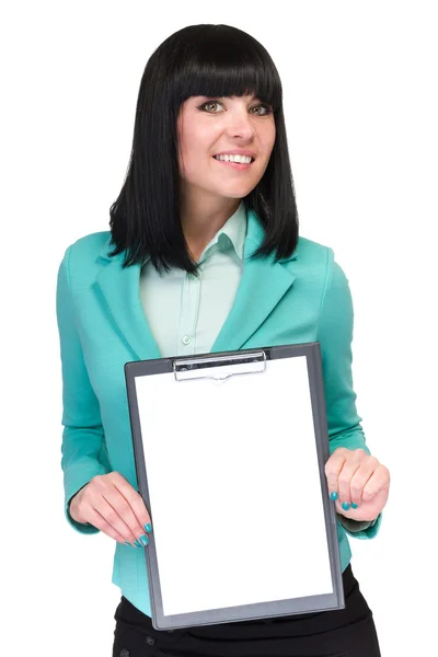 Feliz joven mujer de negocios sonriente mostrando letrero en blanco —  Fotos de Stock