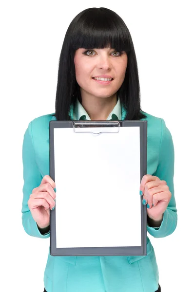 Feliz joven mujer de negocios sonriente mostrando letrero en blanco —  Fotos de Stock