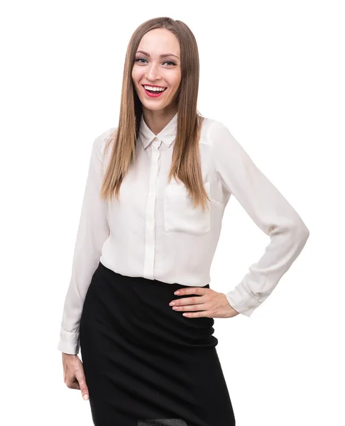 Портрет счастливой молодой деловой женщины, изолированной на белом — стоковое фото