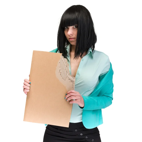 Γυναίκα σε εργασία απογοητευμένοι δείχνει κενό χαρτόνι — Φωτογραφία Αρχείου