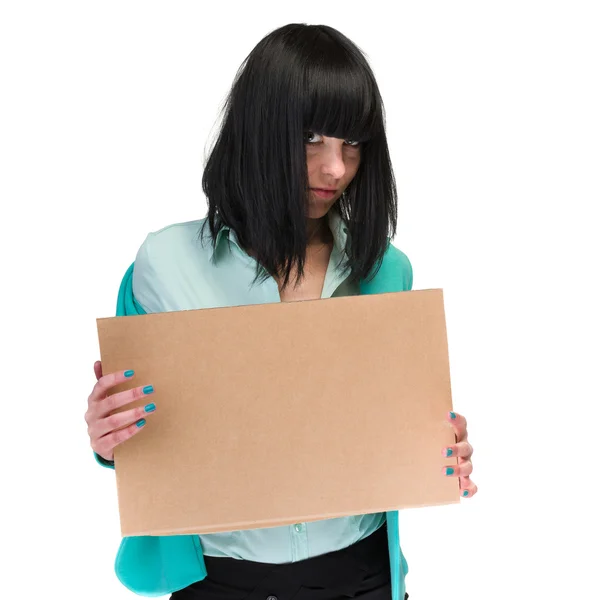 Frustrated business woman showing blank cardboard — Stock Photo, Image