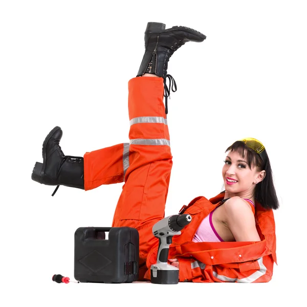 Jovem construtor mulher em uniforme — Fotografia de Stock