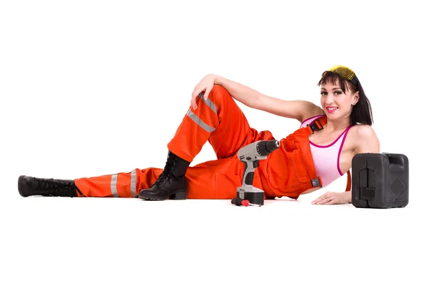 Jovem construtor mulher em uniforme — Fotografia de Stock