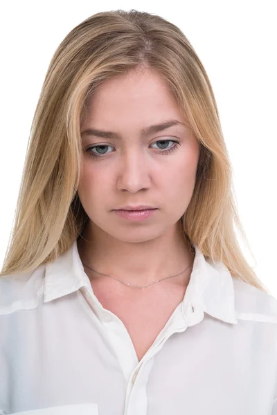 Triste e deprimida mulher isolada no branco — Fotografia de Stock