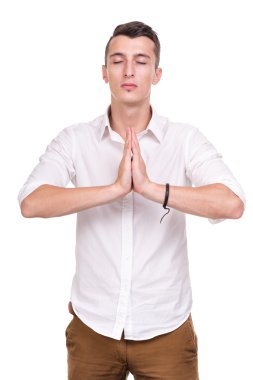 iş adamı namaste içinde poz karşı izole beyaz