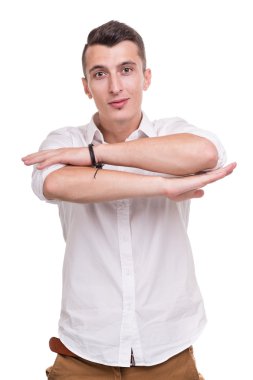 Beyaz arka plan üzerinde izole düşünen adam. Portre portre rahat genç dalgın işadamı