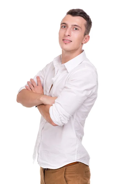 Thinking man isolated on white background. Closeup portrait of a casual young pensive businessman — Stock Photo, Image