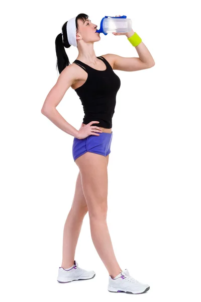 Aerobic fitness žena pitná voda izolovány v celého těla. — Stock fotografie