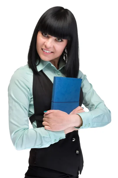 Sonriente joven mujer de negocios con diario — Foto de Stock