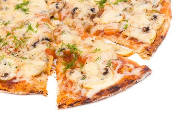 Pizza con queso y jamón aislado sobre blanco — Foto de Stock