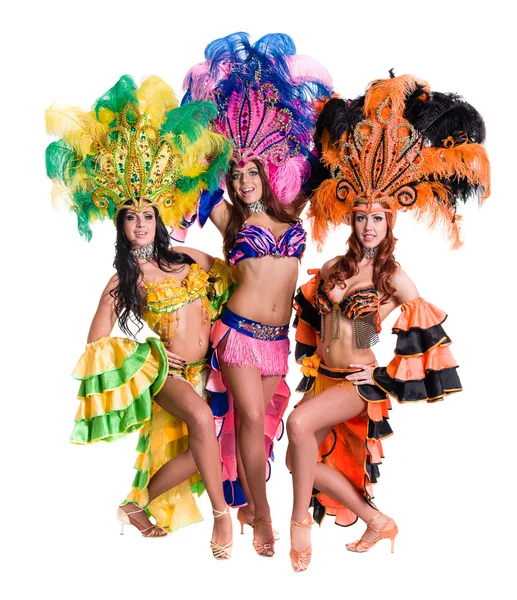 Équipe de danseurs portant des costumes de carnaval dansant — Photo