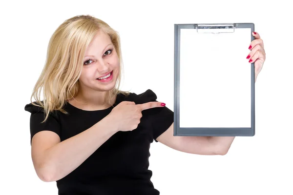 Glückliche junge Geschäftsfrau zeigt leeres Schild — Stockfoto