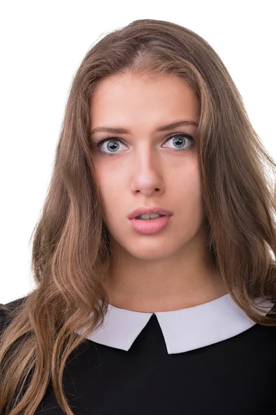 Retrato de close-up de surpresa jovem senhora isolada em branco com copyspace — Fotografia de Stock