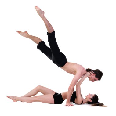 iki erkek ve kadın üzerinde egzersiz fitness dans arka plan beyaz