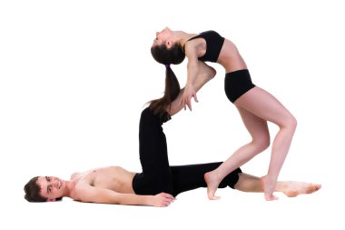 iki erkek ve kadın üzerinde egzersiz fitness dans arka plan beyaz