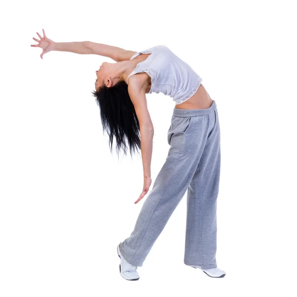 Bailarina de estilo moderno mostrando algunos movimientos contra el fondo blanco aislado — Foto de Stock