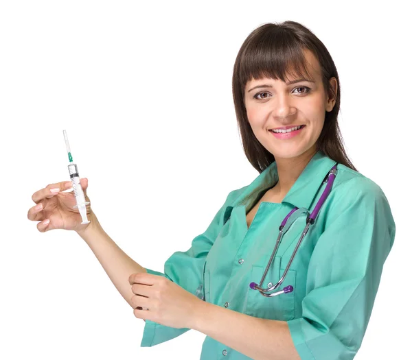 Arts of verpleegkundige in laboratoriumjas houden spuit. Geïsoleerd over Wit. — Stockfoto