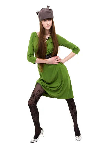 Woman wearing a green dress  isolated on white background — Φωτογραφία Αρχείου