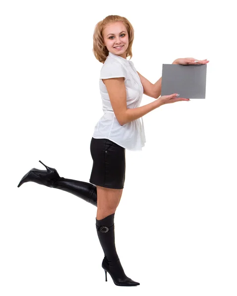 Young business woman showing blank signboard over white Royalty Free Stock Images