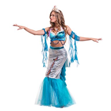 Karnaval dansçı kız poz, bir deniz kızı izole gibi beyaz giyinmiş