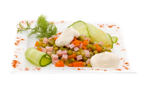 Salad with assorted greens, fried pork, carrots, croutons, parmesan cheese, and mushrooms — Stock Photo, Image