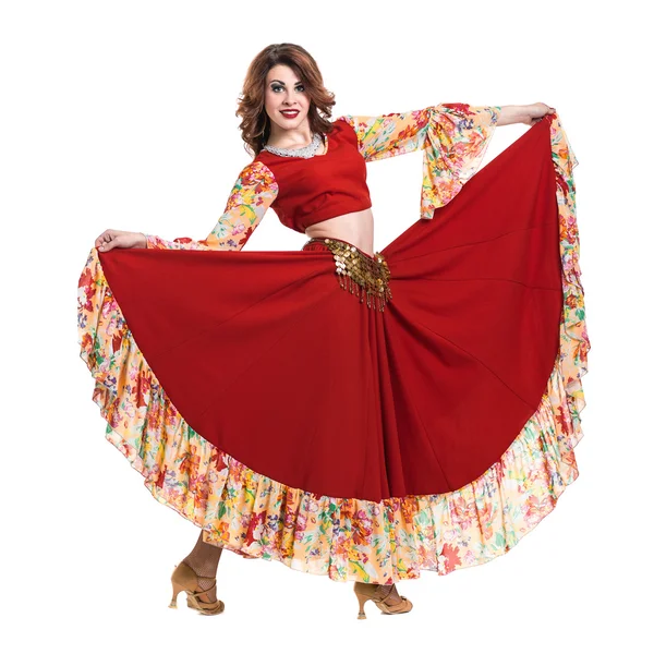 Flamenco táncos nő pózol, elszigetelt, a fehér, a teljes hossza — Stock Fotó