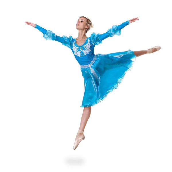 Young woman ballerina ballet dancer jumping on white background — Stock Photo, Image