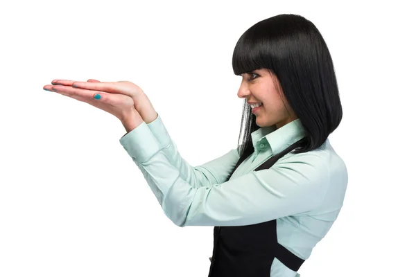 Mujer de negocios mostrando algo o copyspase para el producto o texto de signo, aislado sobre blanco —  Fotos de Stock