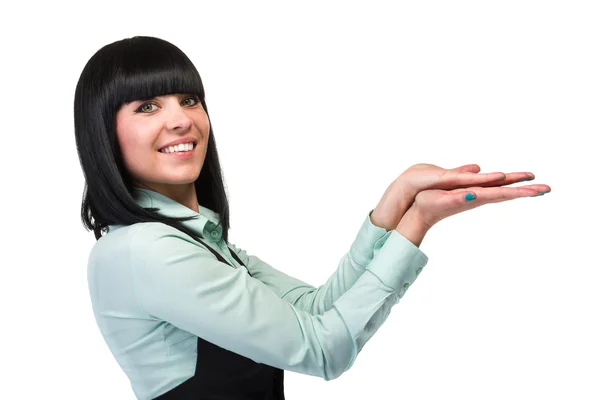 Mujer de negocios mostrando algo o copyspase para el producto o texto de signo, aislado sobre blanco — Foto de Stock