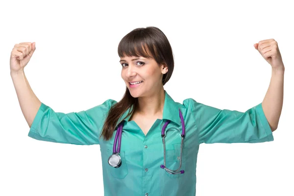 Opgewonden arts vrouw glimlach, geïsoleerd op witte achtergrond — Stockfoto