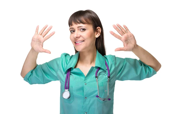 Excited medical doctor woman smile, isolated over white background Stock Picture