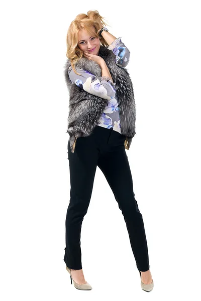 Woman trying jacket with fur. — Stock Photo, Image