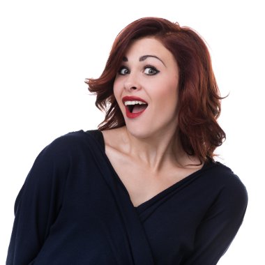 Portre üzerinde beyaz boşaltmak izole sürpriz genç bayan portresi