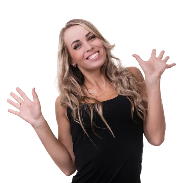 Closeup portrait of surprised young lady isolated on white with copyspace — Stock Photo, Image