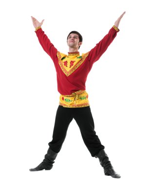 izole beyaz boşaltmak ile karşı dans halk Rus kostüm giyen genç adam