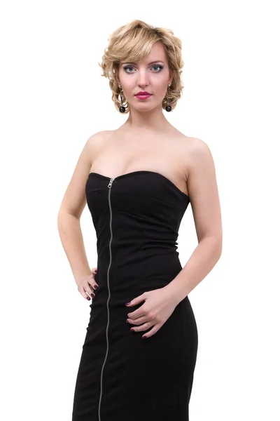 Beautiful Woman in Black Dress Isolated on White — Stock Photo, Image