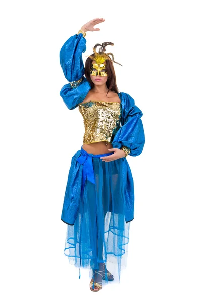 Carnival dancer girl wearing a mask dancing, isolated on white — Stock Photo, Image