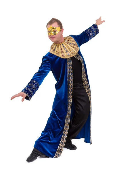 Carnaval danser man dragen van een masker dansen, geïsoleerd op wit — Stockfoto