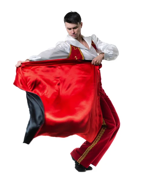 Танцюючий чоловік у костюмі шрадора. Ізольовані на білому в повній довжині . — стокове фото