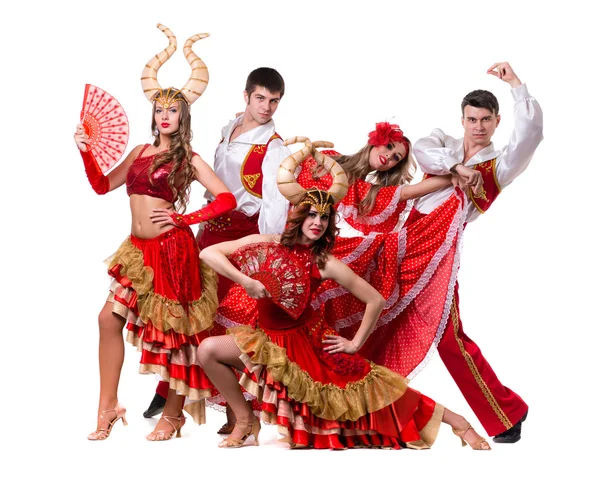 Cabaret dancer team dancing. Isolated on white background in full length. — Stock Photo, Image