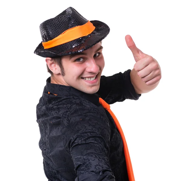 Portrait of a happy man showing thumbs up on white background — Stock Photo, Image